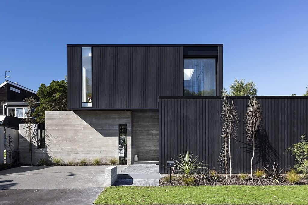 Black-clad architectural home built by Coughlan Homes in Christchurch.