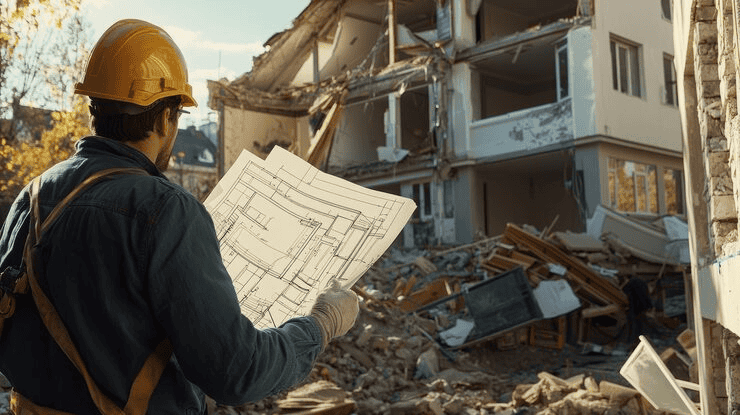 Builder inspecting blueprints at a damaged house site after destruction.