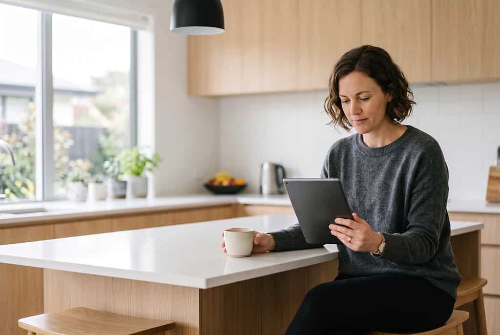 Coughlan Homes client checking her build progress on a tablet at home