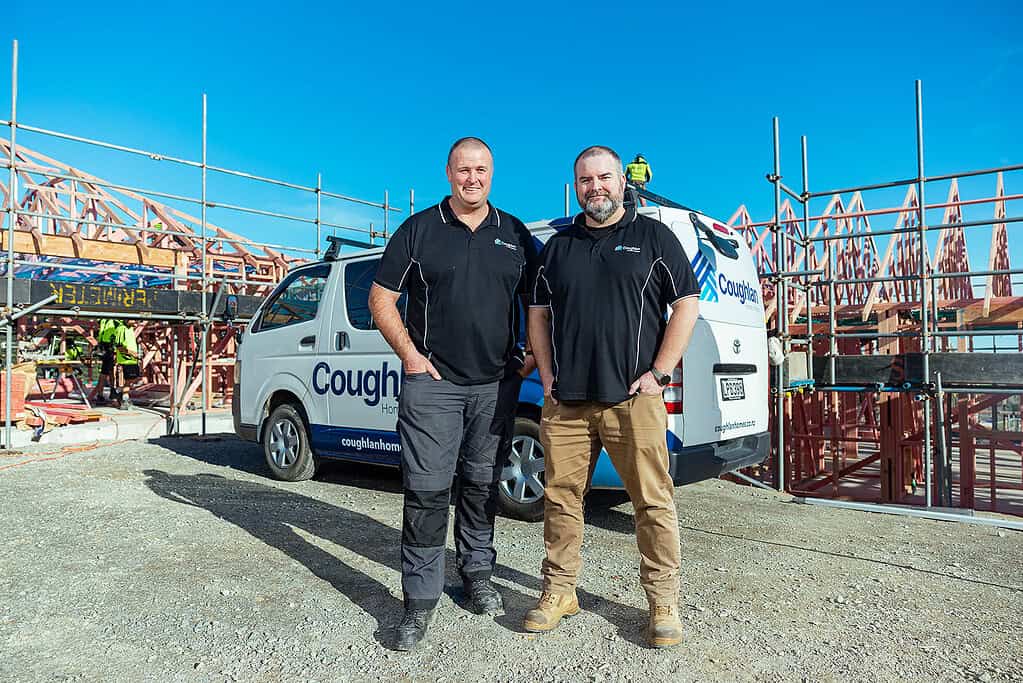 Coughlan Homes on site at a Canterbury build with scaffolding and framing behind